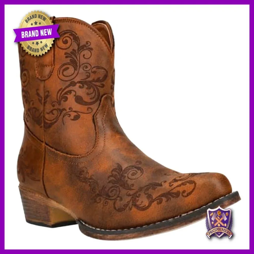 Western Chic Ankle Boots Faux Leather Floral Embroidery Casual Low Heel Pull On